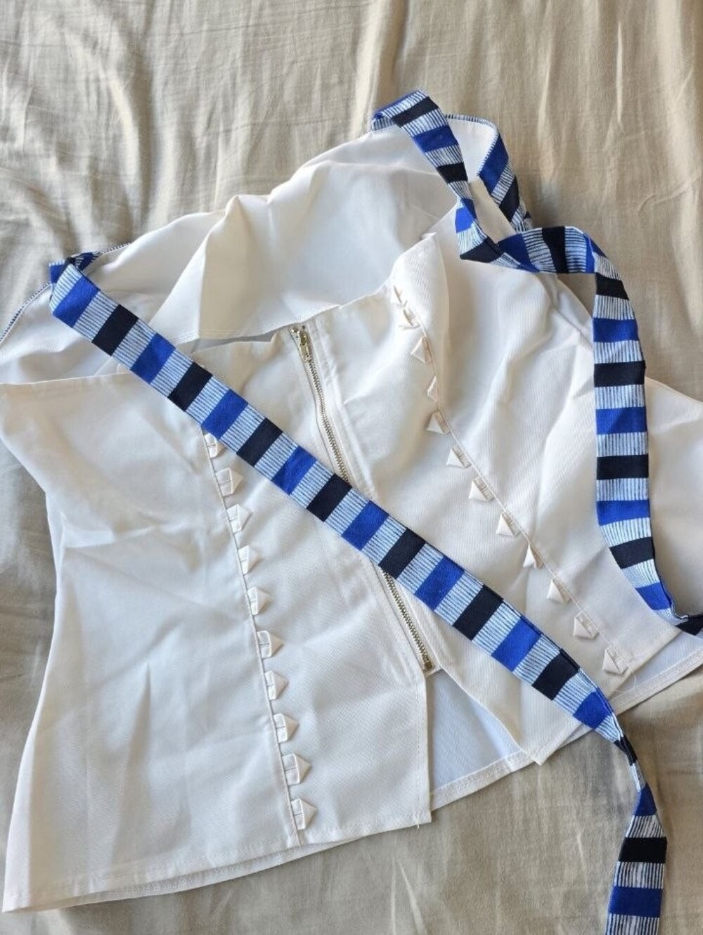 Cream Sculpted Face Applique Tank with Blue Striped Bust - Picture 7 of 7